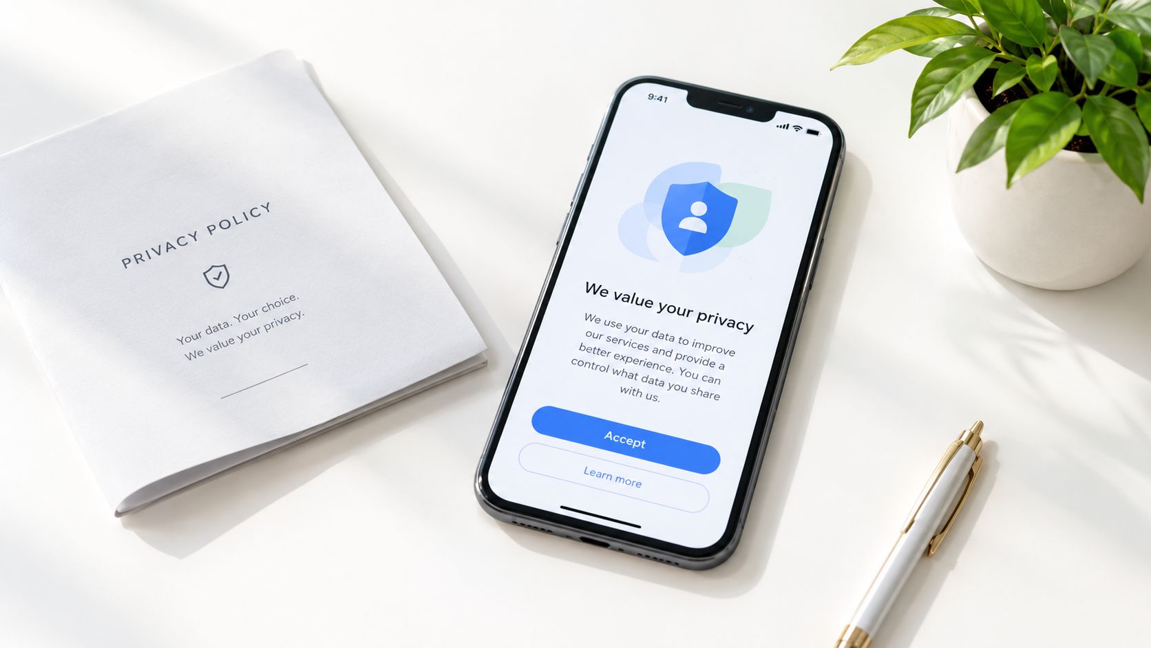 A smartphone displaying a privacy consent screen alongside a printed privacy policy document on a clean desk.