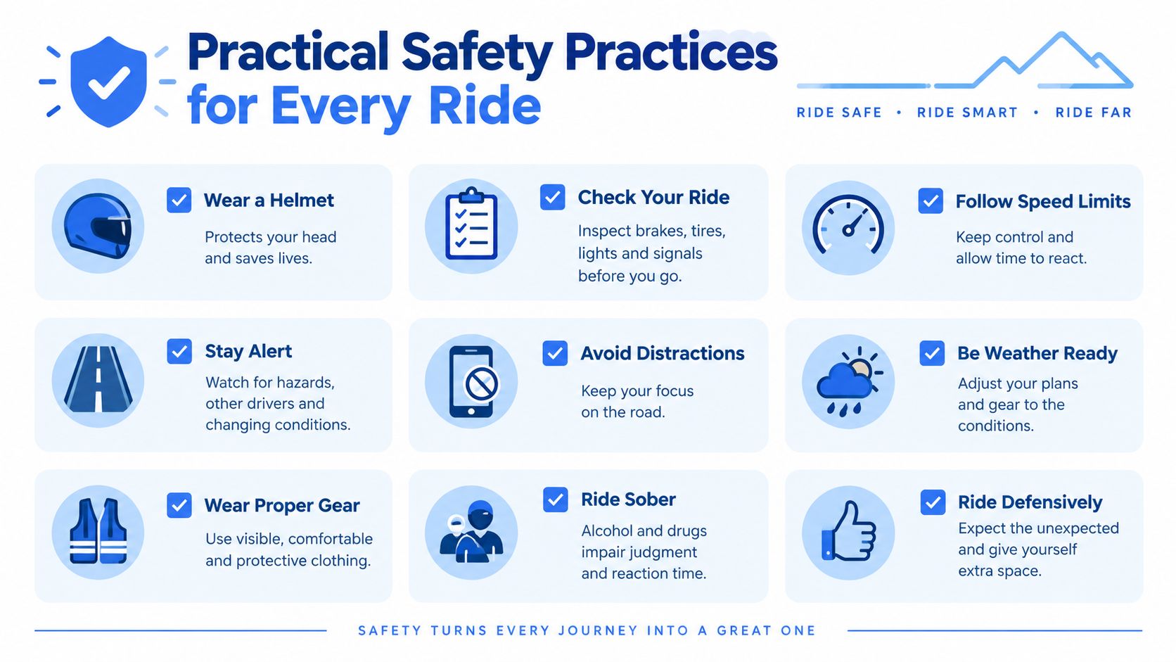 A safety infographic titled Practical Safety Practices for Every Ride highlighting nine essential motorcycle riding safety tips.