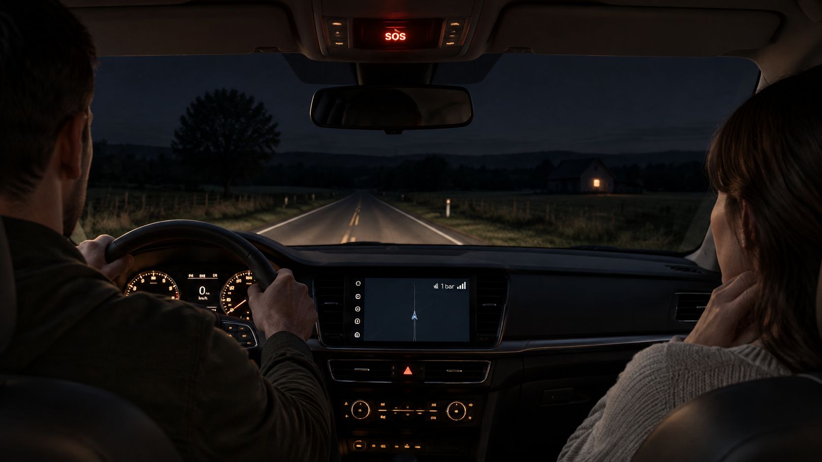 A couple driving a car at night with an illuminated red SOS emergency button overhead.