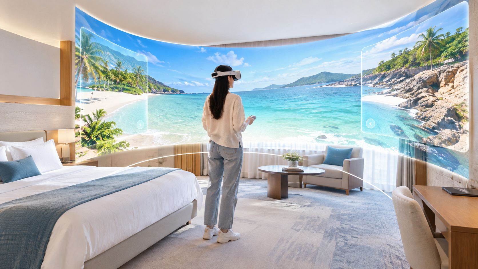 A woman wearing a VR headset standing in a hotel room experiencing a virtual tropical beach view.