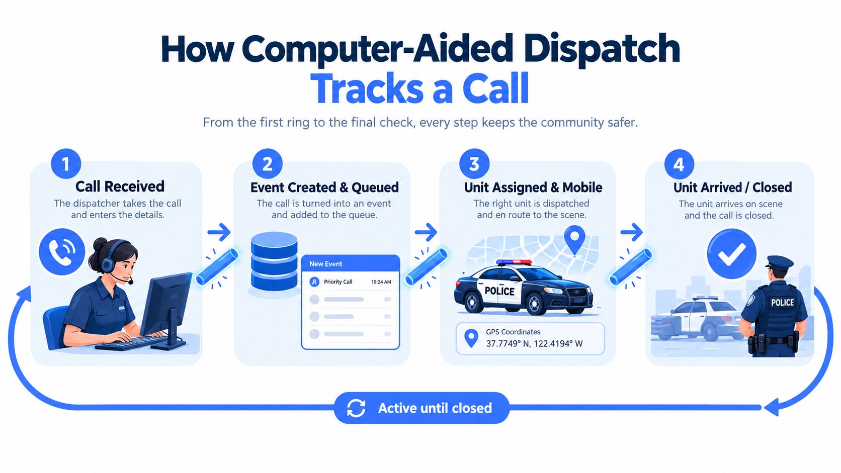 An infographic illustrating the four stages of the computer-aided dispatch process for emergency police calls.