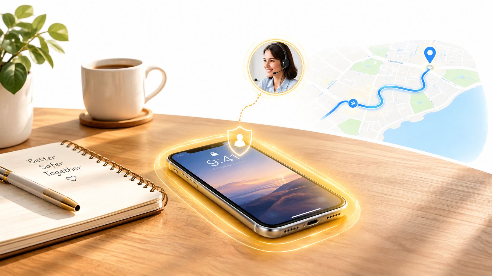 A smartphone on a wooden desk with an overlay of a support agent and navigation map.
