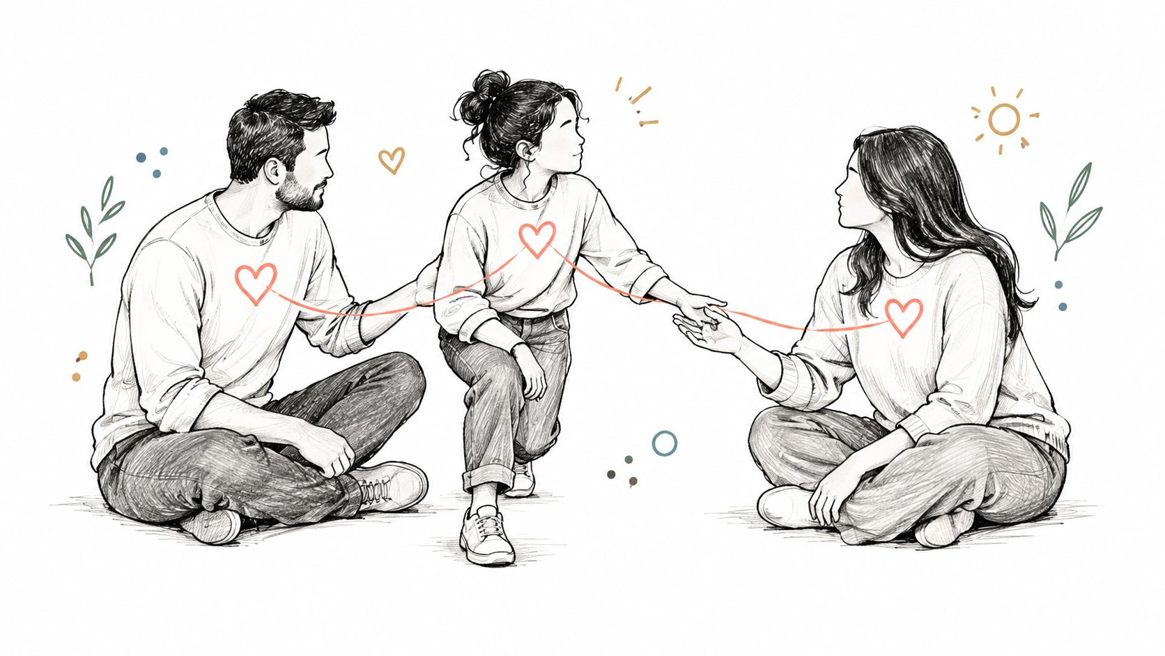 A pencil sketch of a father, mother, and child connected by a red string with heart symbols.