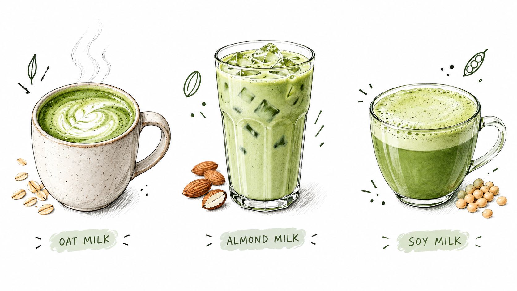 A hand-drawn illustration featuring three matcha lattes prepared with oat milk, almond milk, and soy milk.