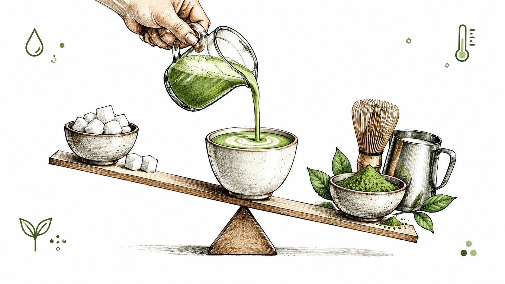 An illustration showing matcha powder, sugar cubes, and a whisk balancing on a wooden scale beam.