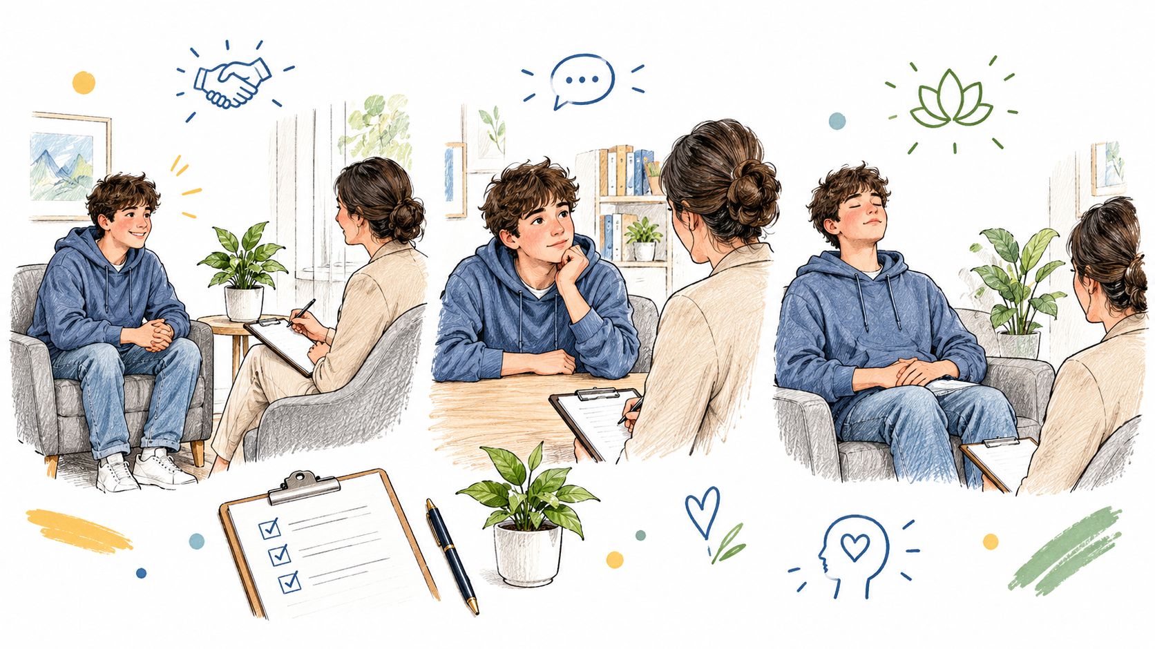 A collage of illustrations depicting a young man in a blue hoodie attending therapy sessions with a counselor.