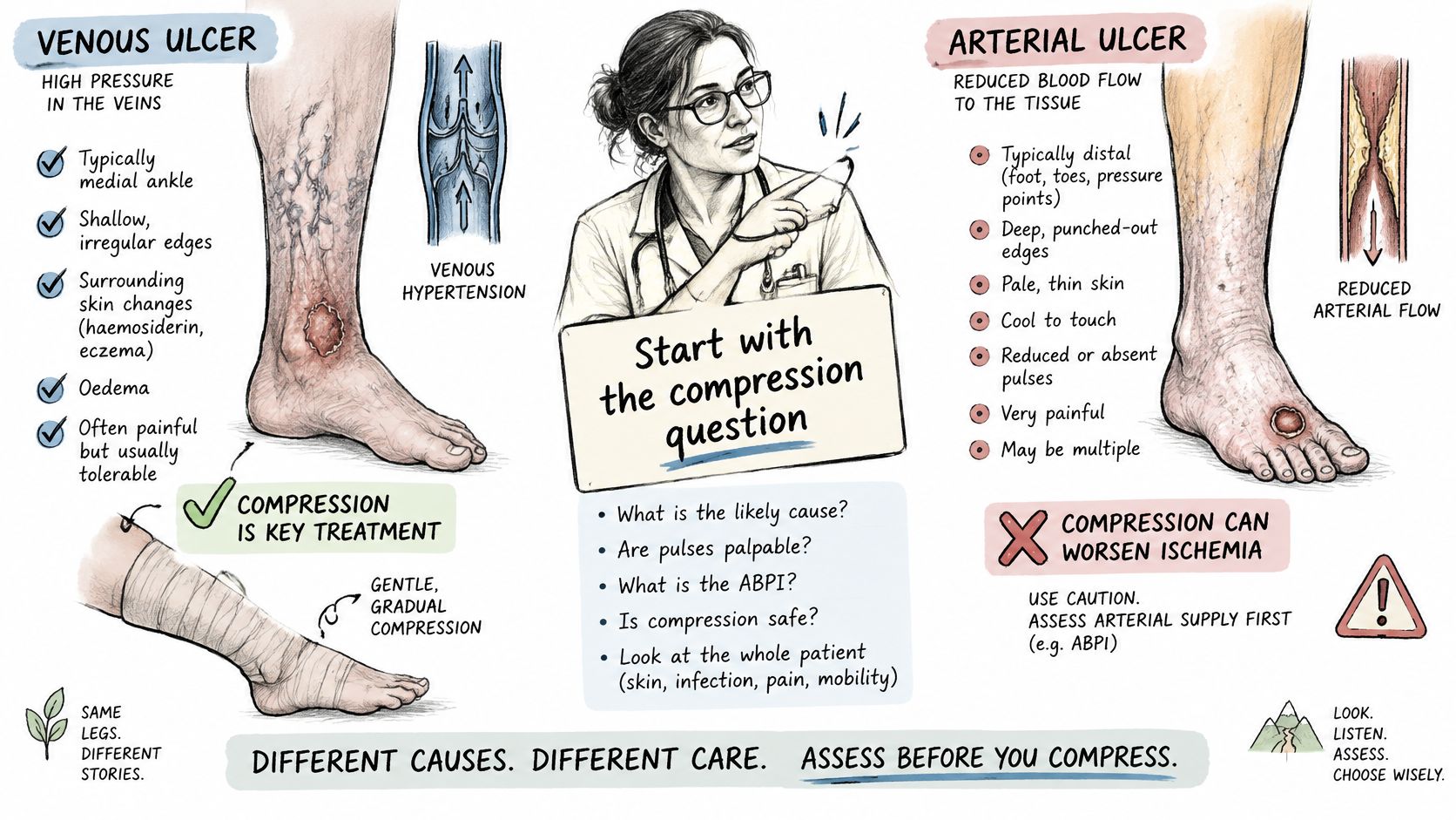 An infographic comparing characteristics, symptoms, and treatment considerations for venous versus arterial leg ulcers for clinicians.