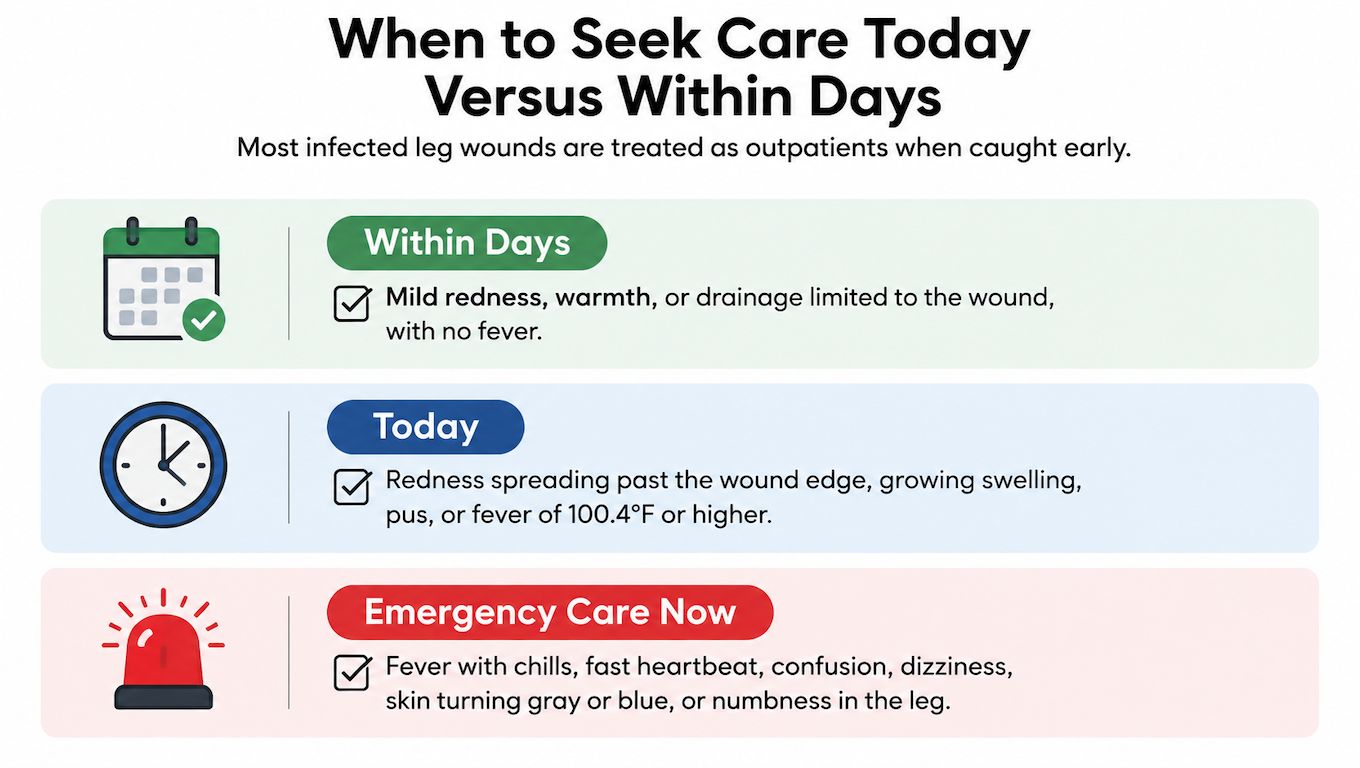 A chart showing when to seek medical attention for an infected leg wound based on severity.