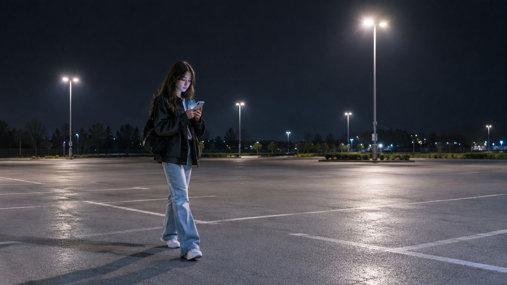 A young woman walks through a dark, empty parking lot at night while checking her mobile phone.