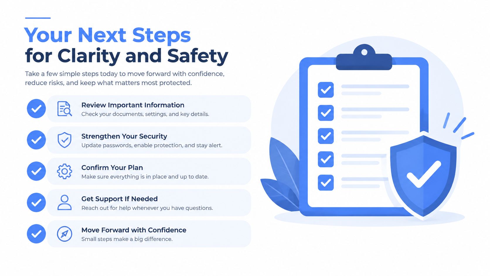 A checklist graphic emphasizing steps for digital clarity, security, and safety for managing personal information.