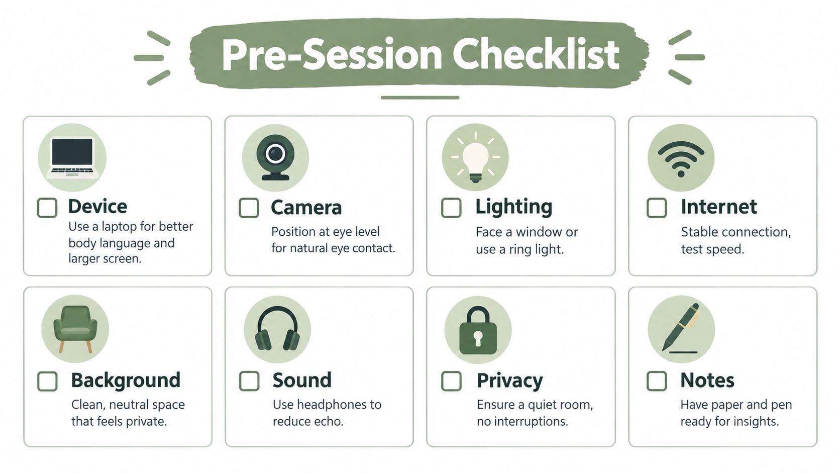 A green and white infographic titled Pre-Session Checklist, illustrating eight essential tips for preparing for a professional video call.