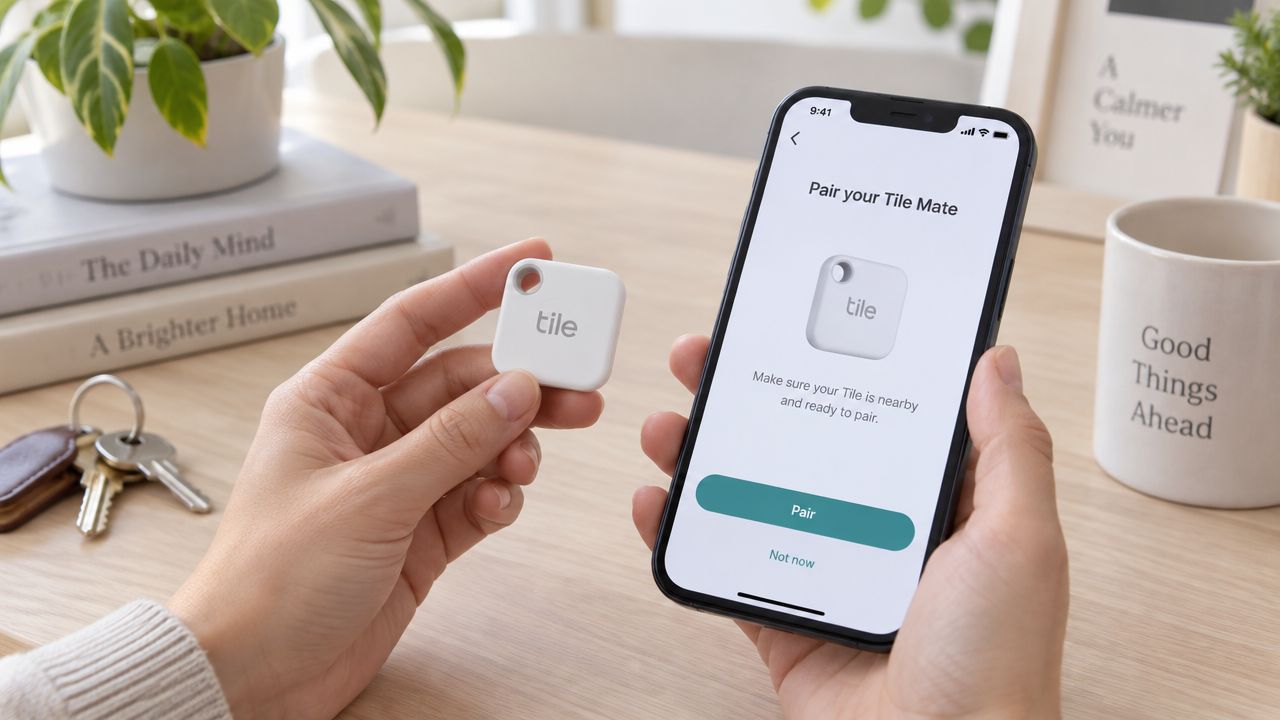 A person holding a white Tile Mate bluetooth tracker next to a smartphone showing the setup screen.