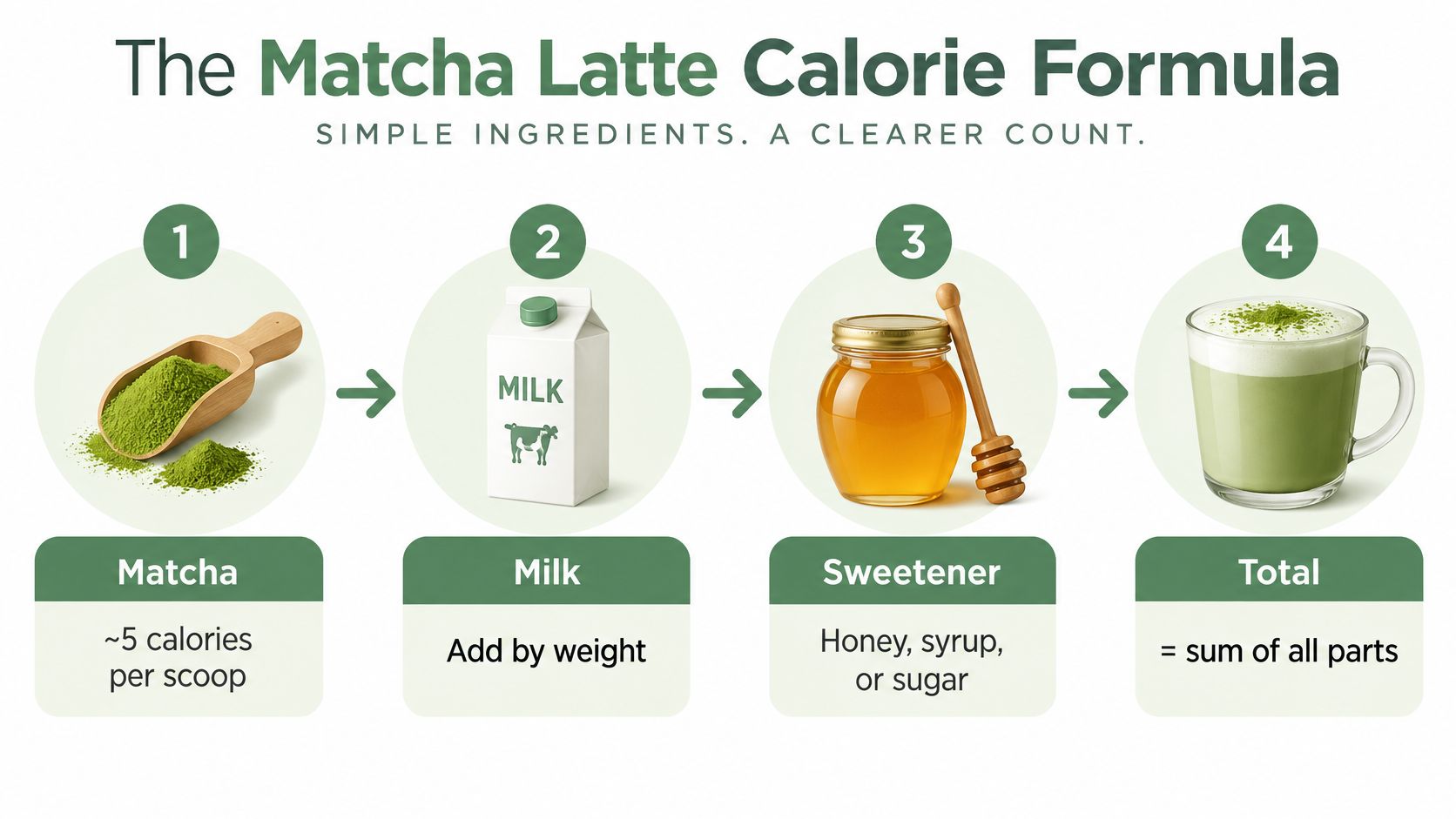 An infographic showing the four steps to calculate calories in a homemade matcha latte with ingredients.