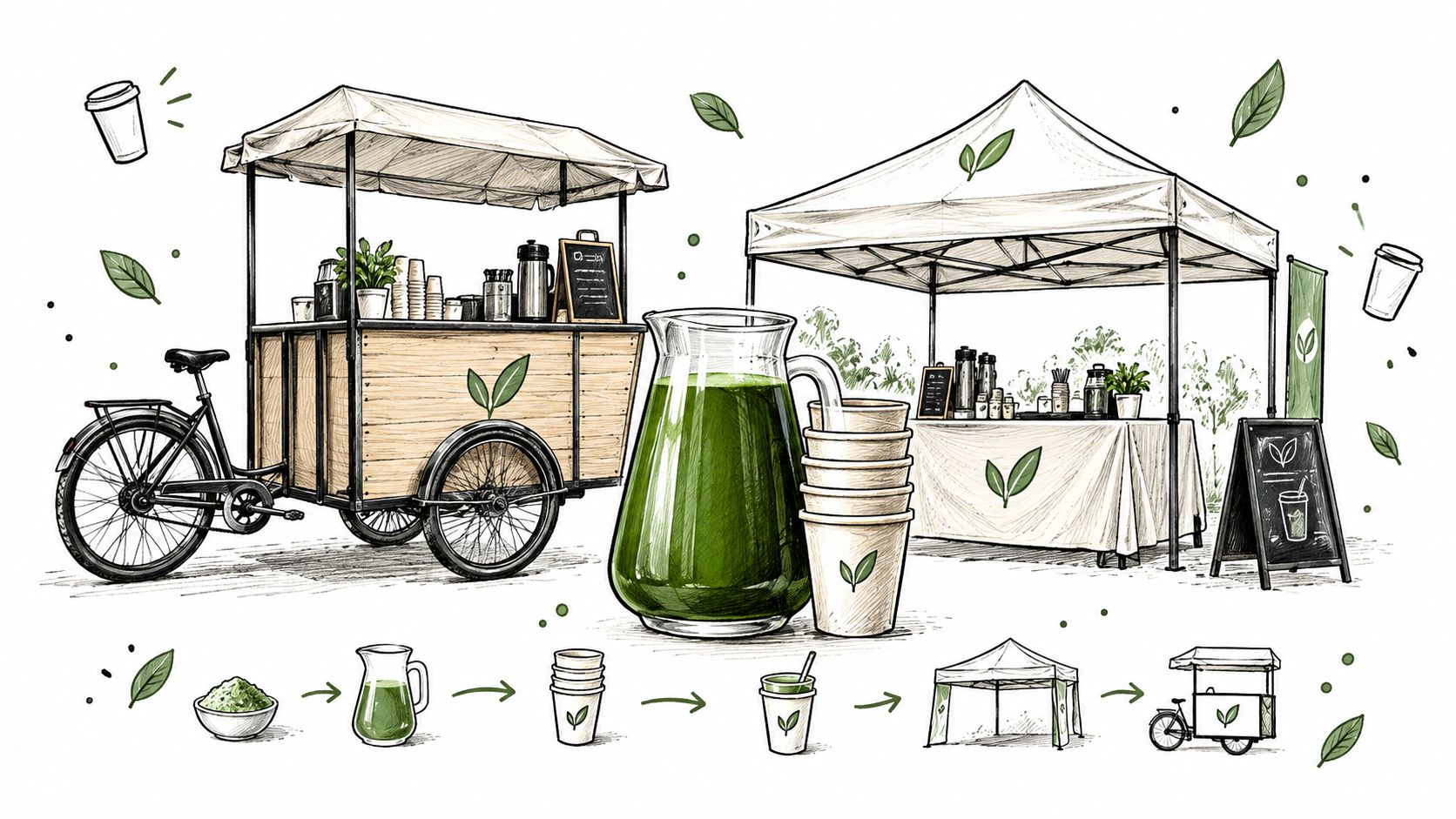 A hand-drawn illustration showing a matcha tea stand, a popup tent, and steps for preparing green tea.