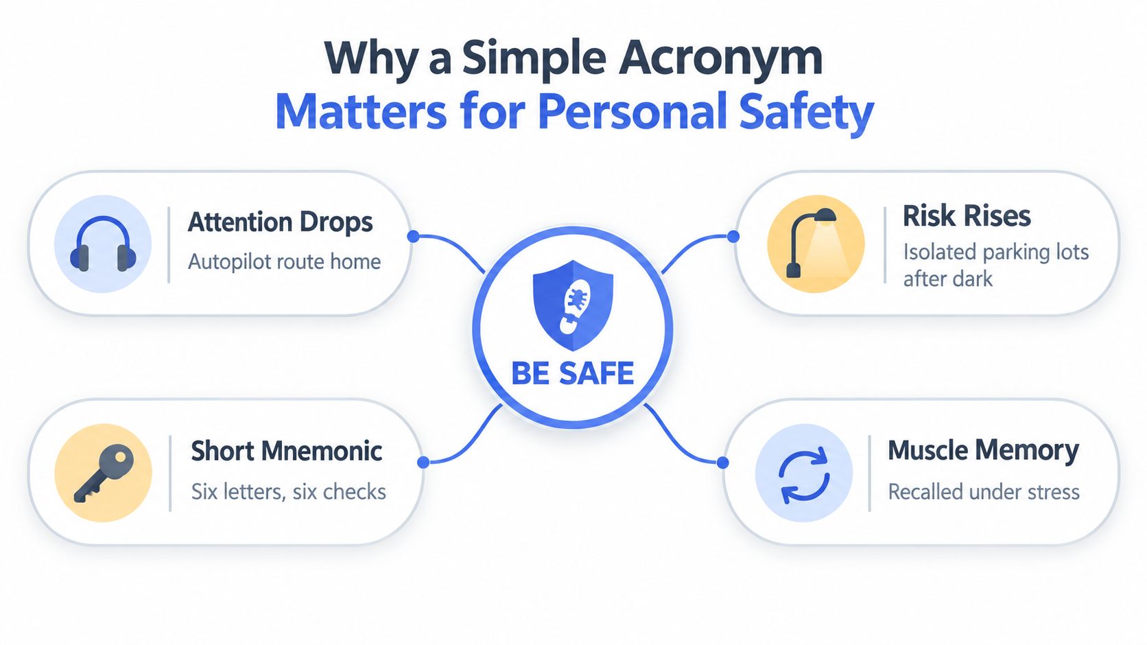 A diagram explaining the importance of the BE SAFE acronym for personal safety and situational awareness.
