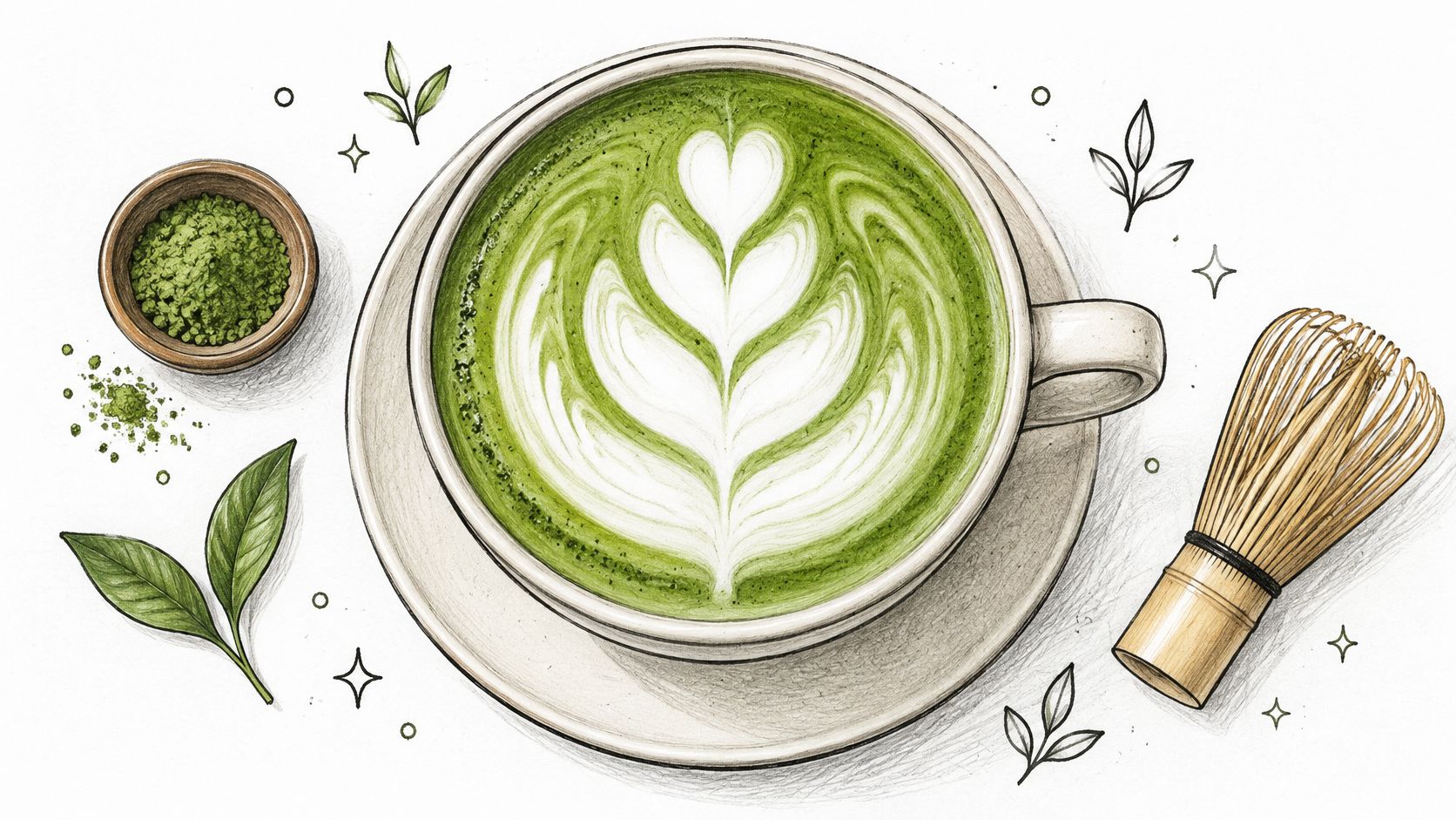 A cup of matcha latte with heart-shaped foam art next to a wooden whisk and green tea leaves.