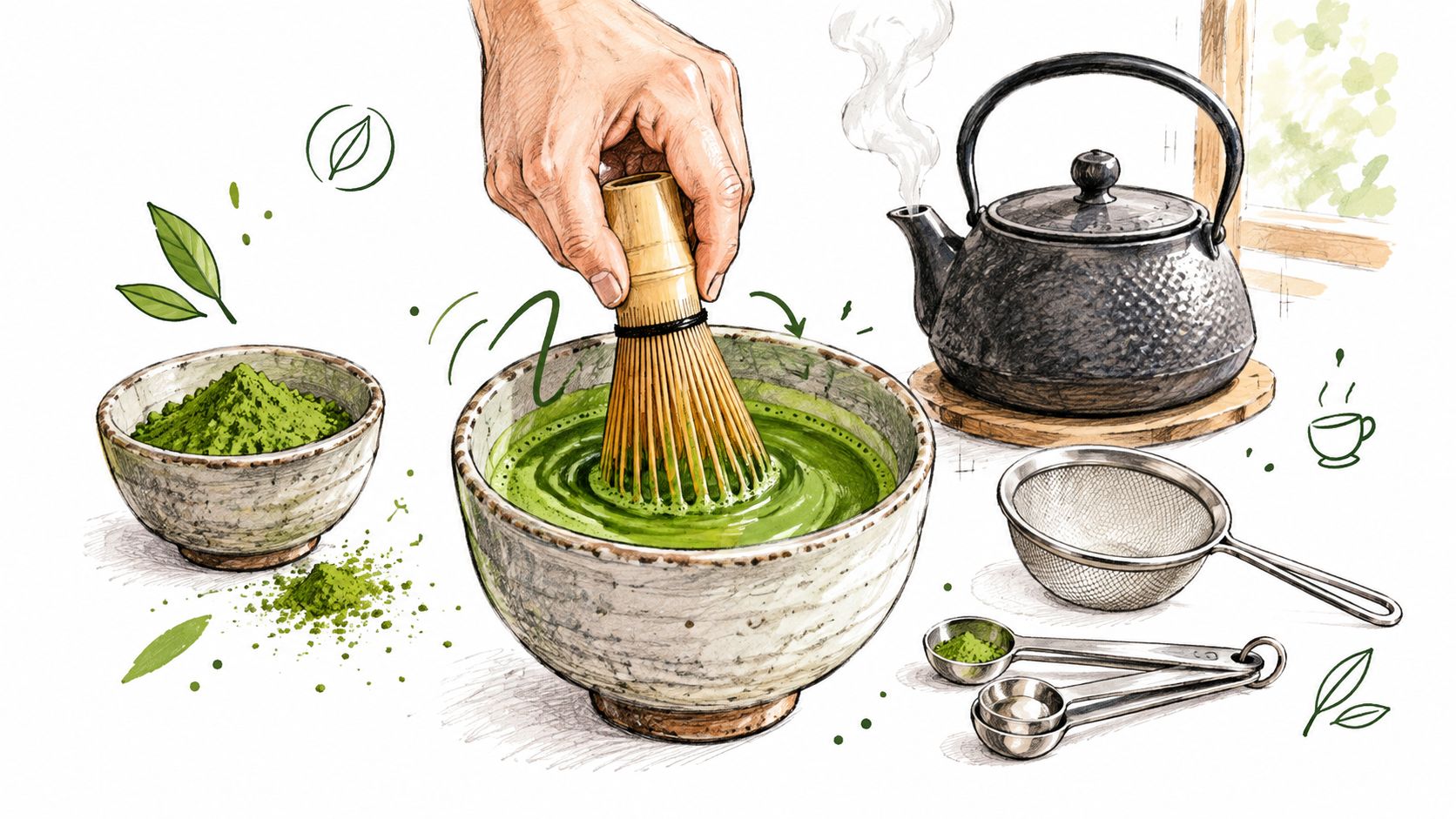 A hand whisking matcha powder into hot water in a ceramic bowl with tea accessories nearby.