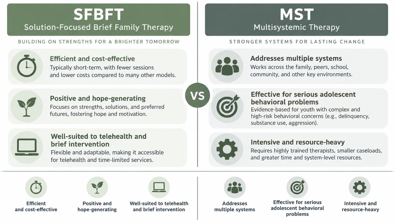 A comparison chart showing the differences between Solution-Focused Brief Family Therapy and Multisystemic Therapy approaches.