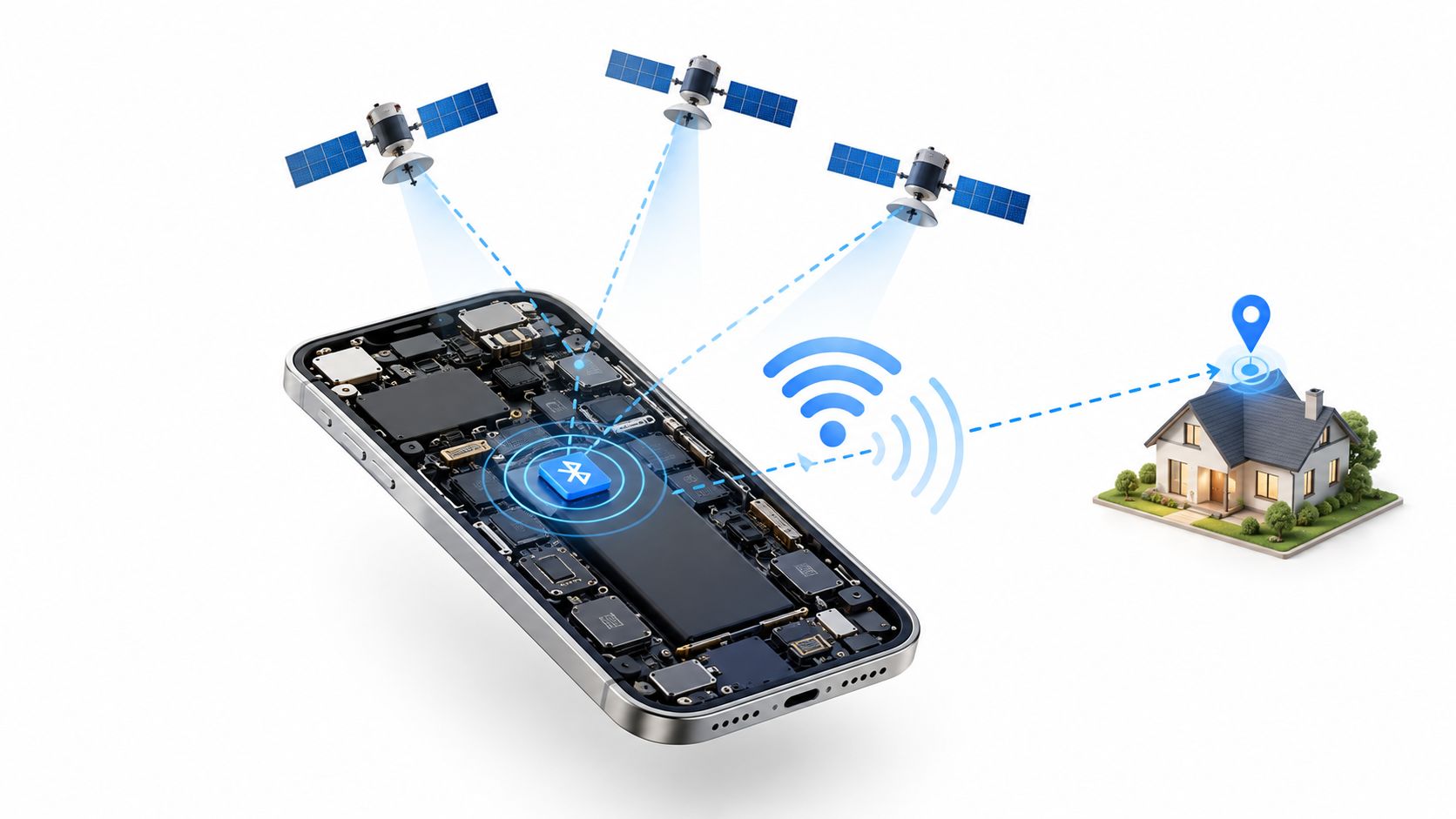 A conceptual illustration of a smartphone connected to satellites and a home location for tracking technology.