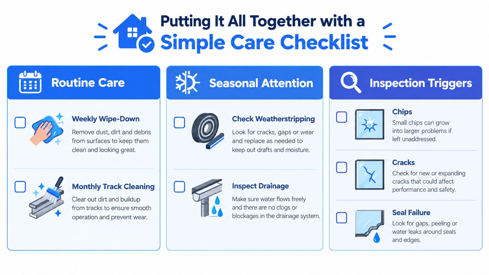 A maintenance checklist graphic titled Putting It All Together with a Simple Care Checklist for windows.