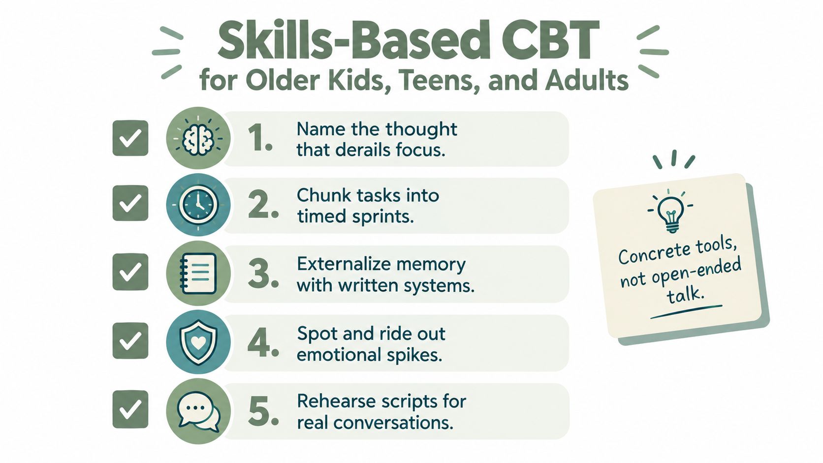 A list of five skills-based CBT strategies designed for children, teenagers, and adults to manage focus.