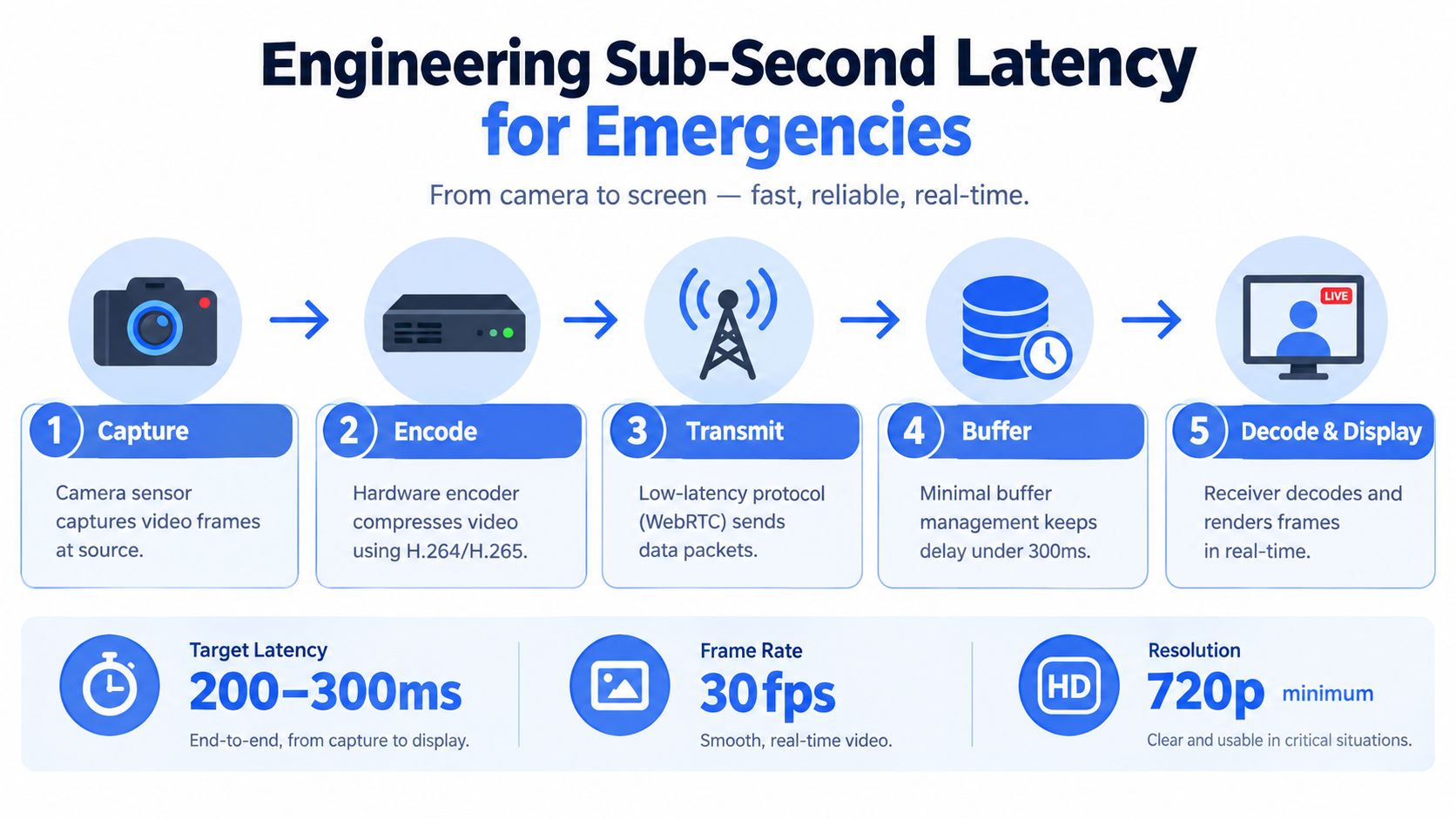 A diagram illustrating the five-step process of engineering sub-second latency for live video streaming applications.