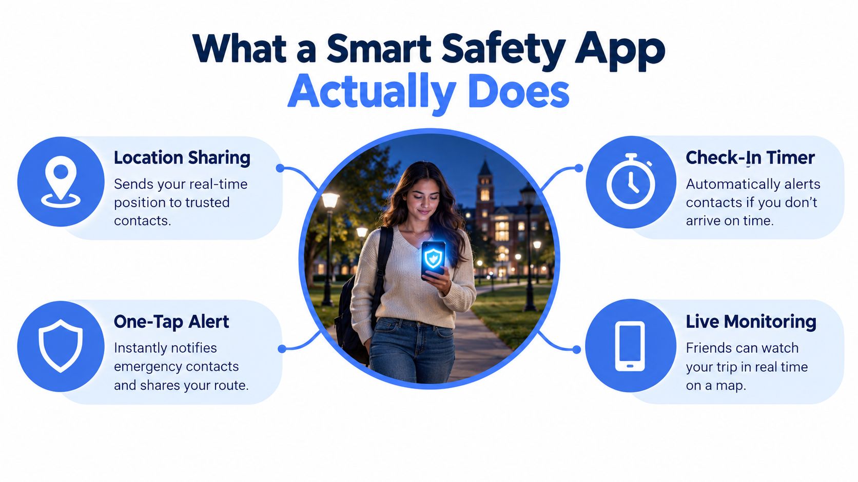 An infographic illustrating four key features of a smart safety app for personal security and tracking.