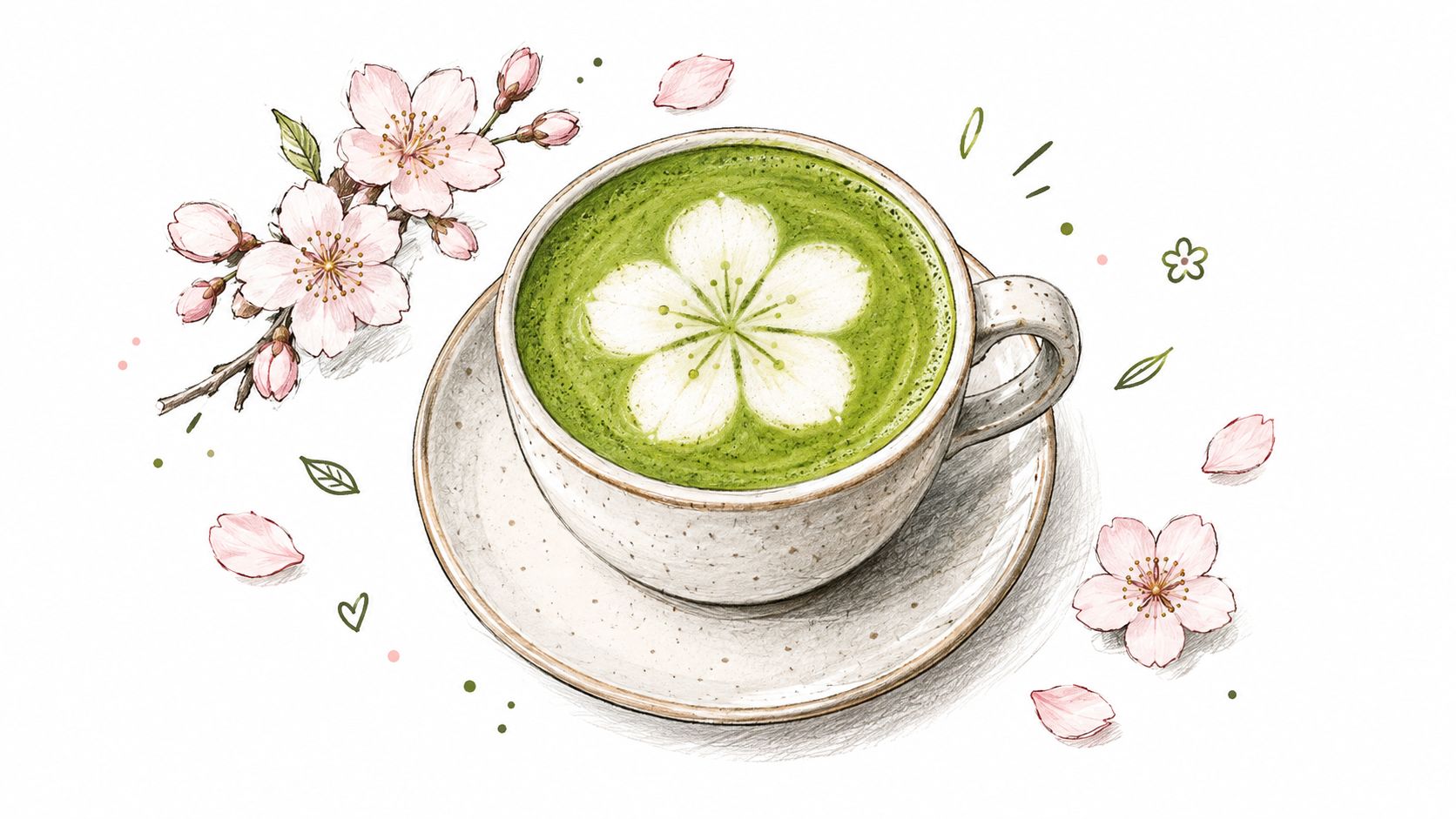 A delicate, hand-drawn illustration of a matcha latte with cherry blossom art in a ceramic cup.