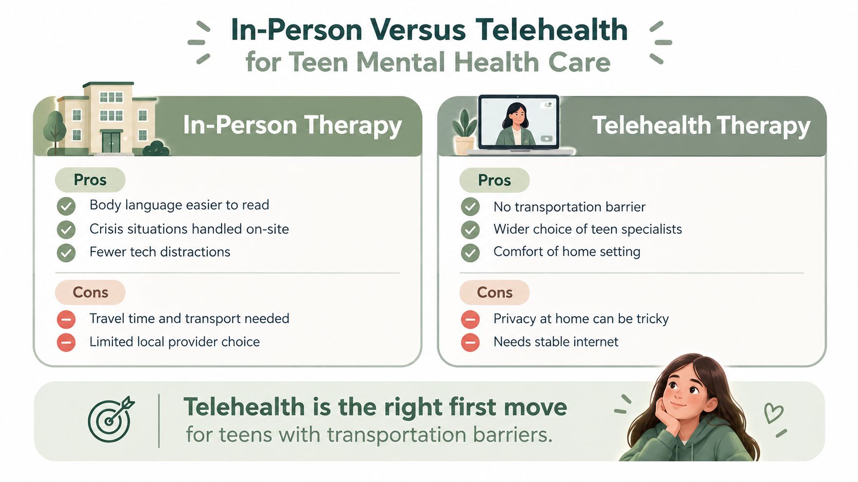 A comparison infographic showing pros and cons of in-person versus telehealth therapy for teen mental health care.