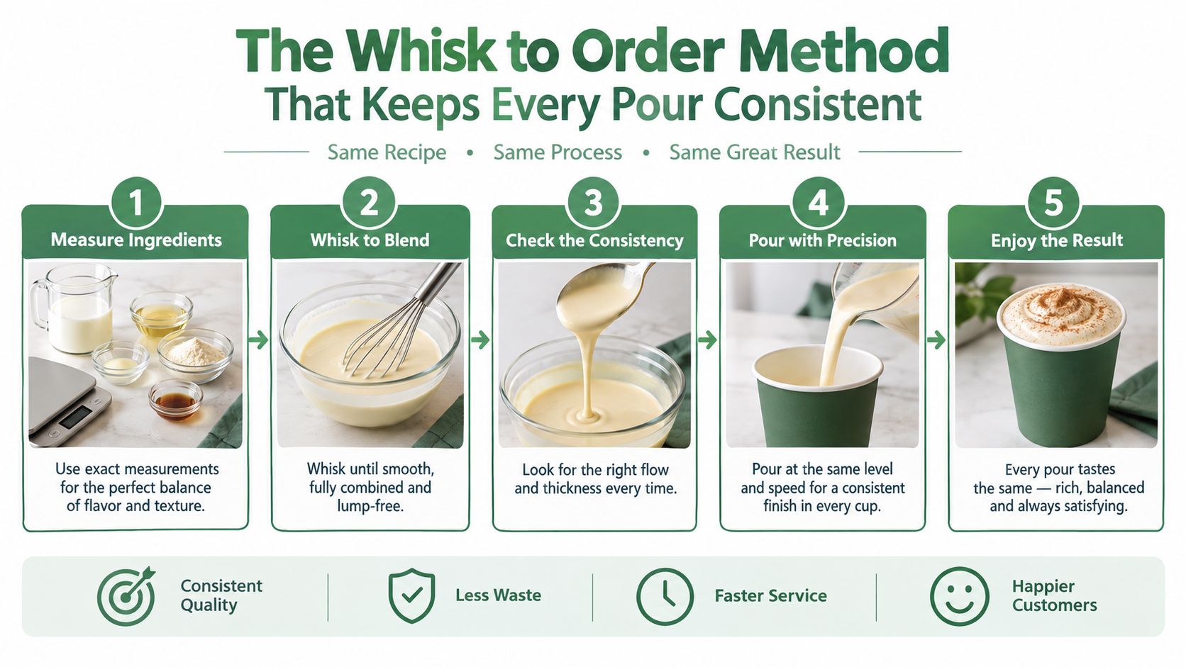 A five-step infographic showing the Whisk to Order method for achieving consistent coffee or beverage preparation.