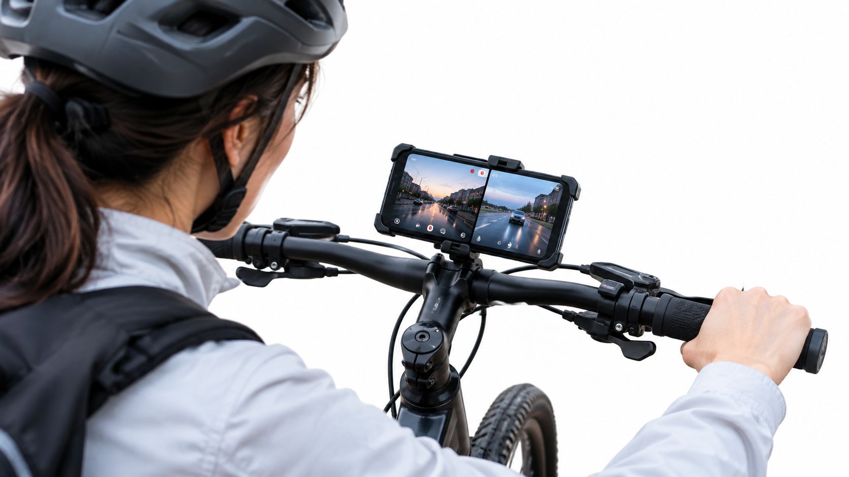 A cyclist using a smartphone mounted on handlebars to monitor multiple camera video feeds while riding.