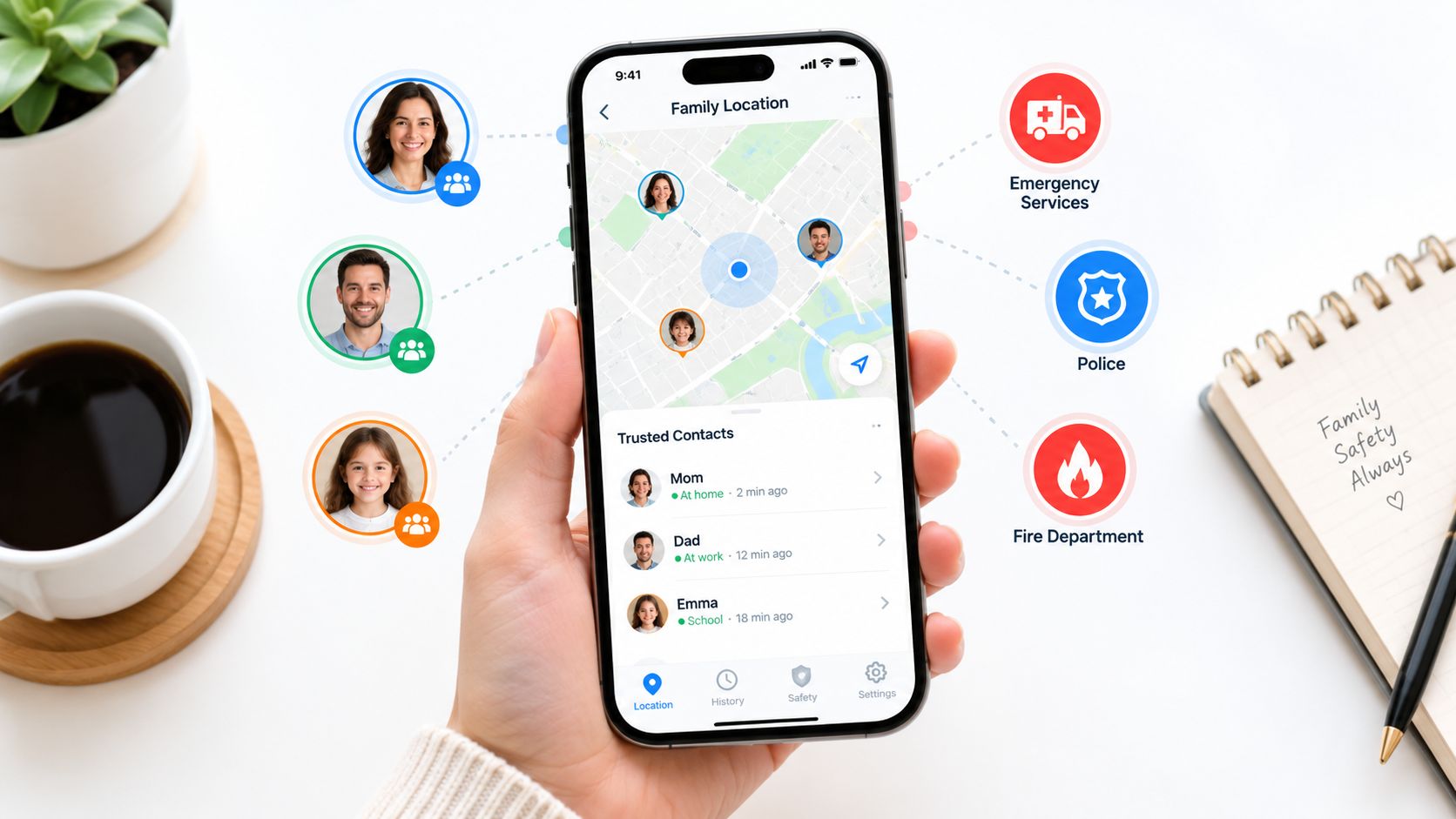 A person holding a smartphone displaying a family location sharing app with contacts on a map.