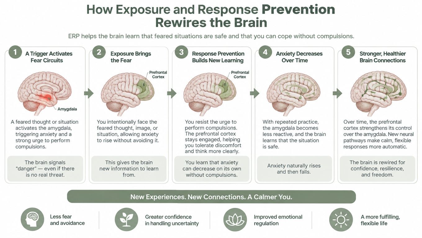 A diagram illustrating how Exposure and Response Prevention therapy rewires the brain through five systematic steps.