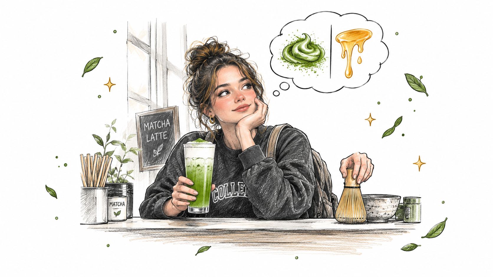 A young woman sitting in a cafe, dreaming about a matcha latte made with honey and green tea.