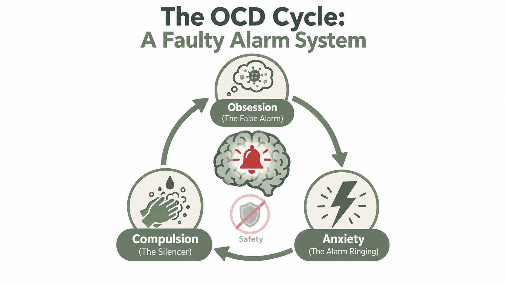 A diagram illustrating the OCD cycle, showing how obsessions, anxiety, and compulsions create a faulty alarm system.