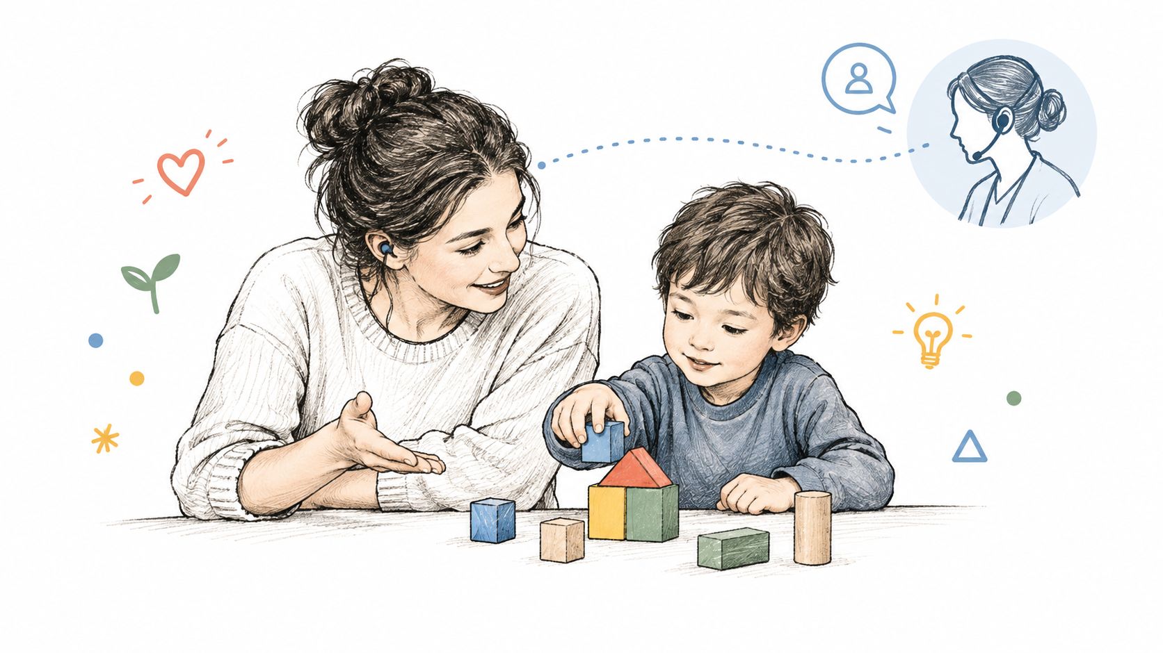 A gentle illustration of a mother with a headset playing with building blocks alongside her young son.