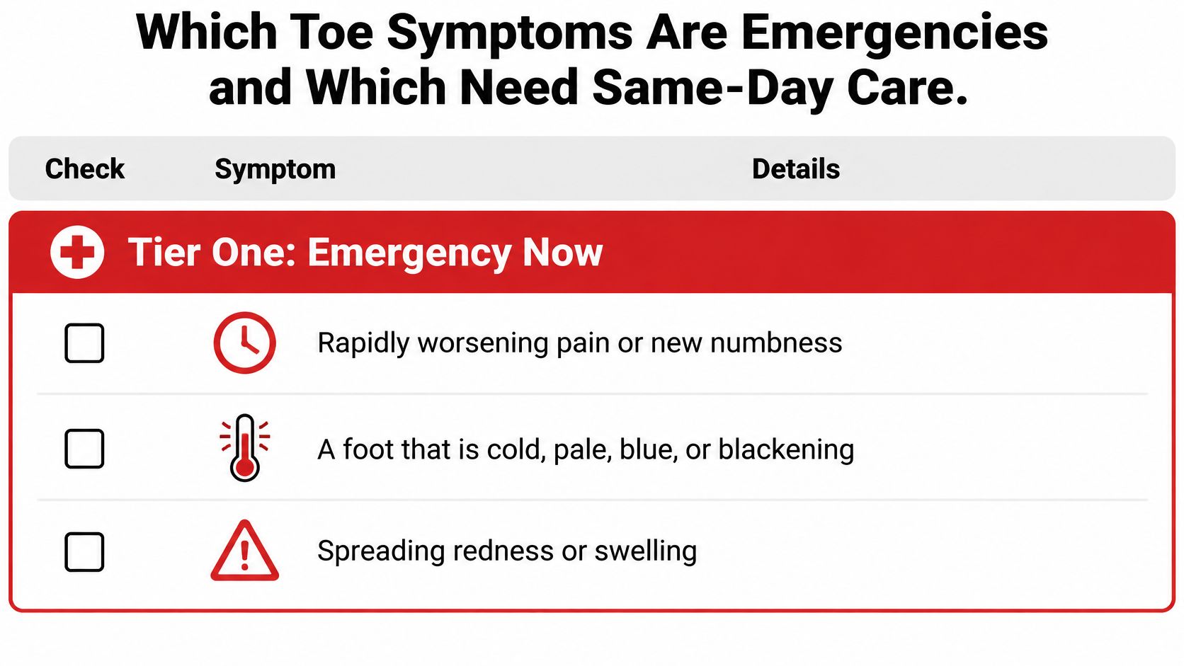 A chart listing emergency toe symptoms including pain, numbness, skin color changes, and spreading redness or swelling.