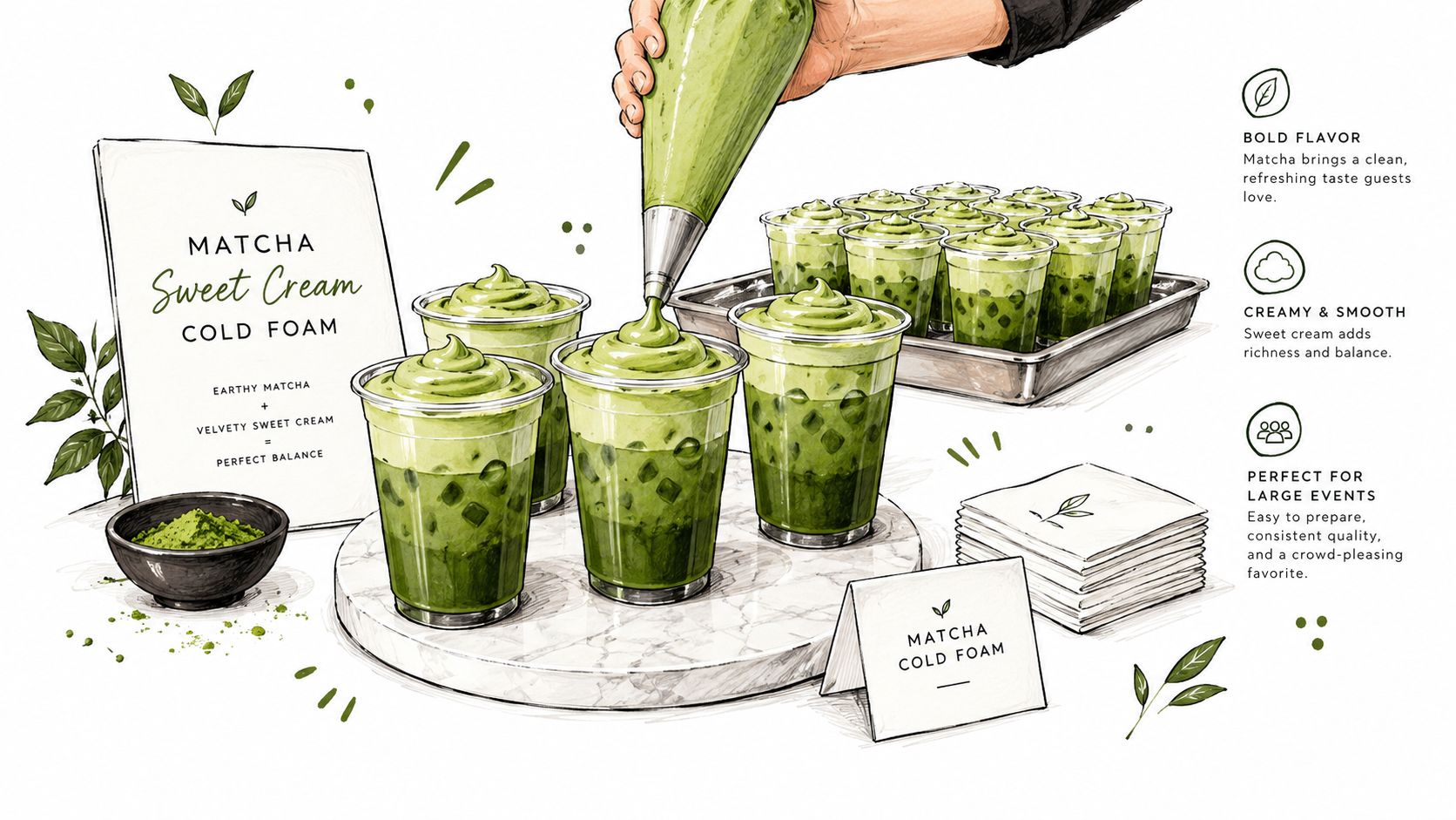 A hand piping green matcha sweet cream cold foam onto refreshing iced matcha lattes at an event.