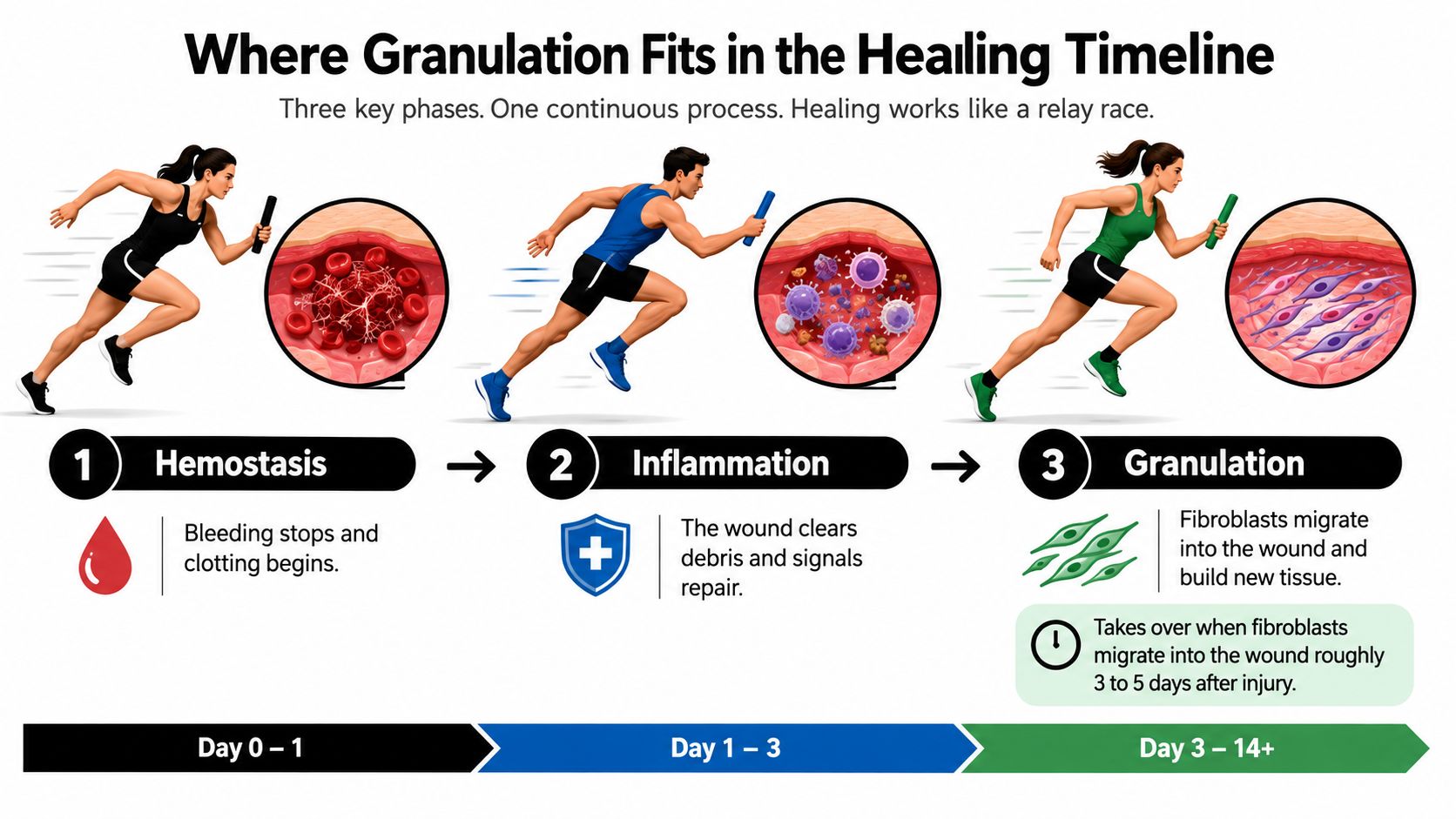 A diagram illustrating the three phases of wound healing: hemostasis, inflammation, and granulation.