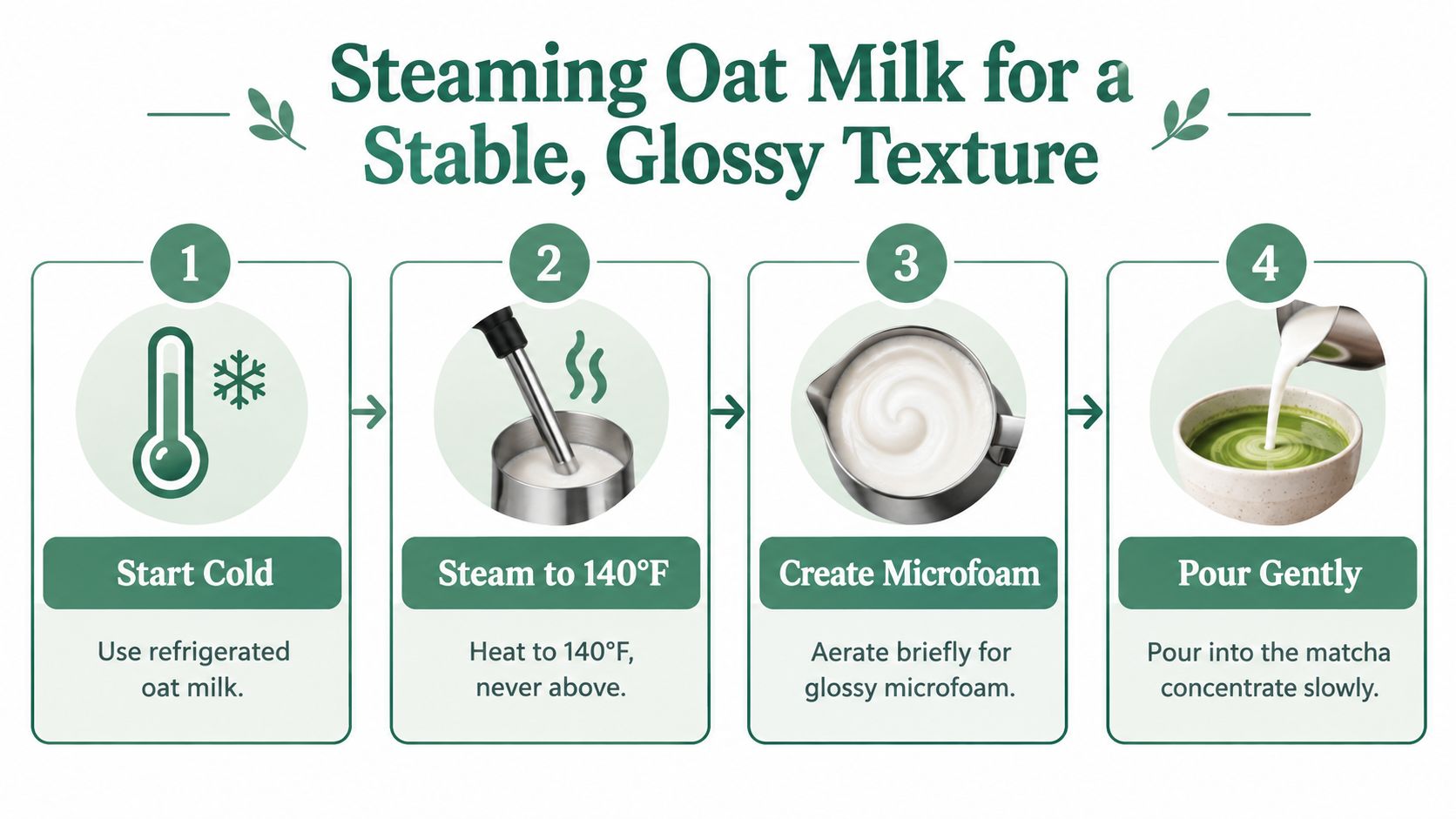 An infographic showing four simple steps to steam oat milk for a stable and glossy latte texture.