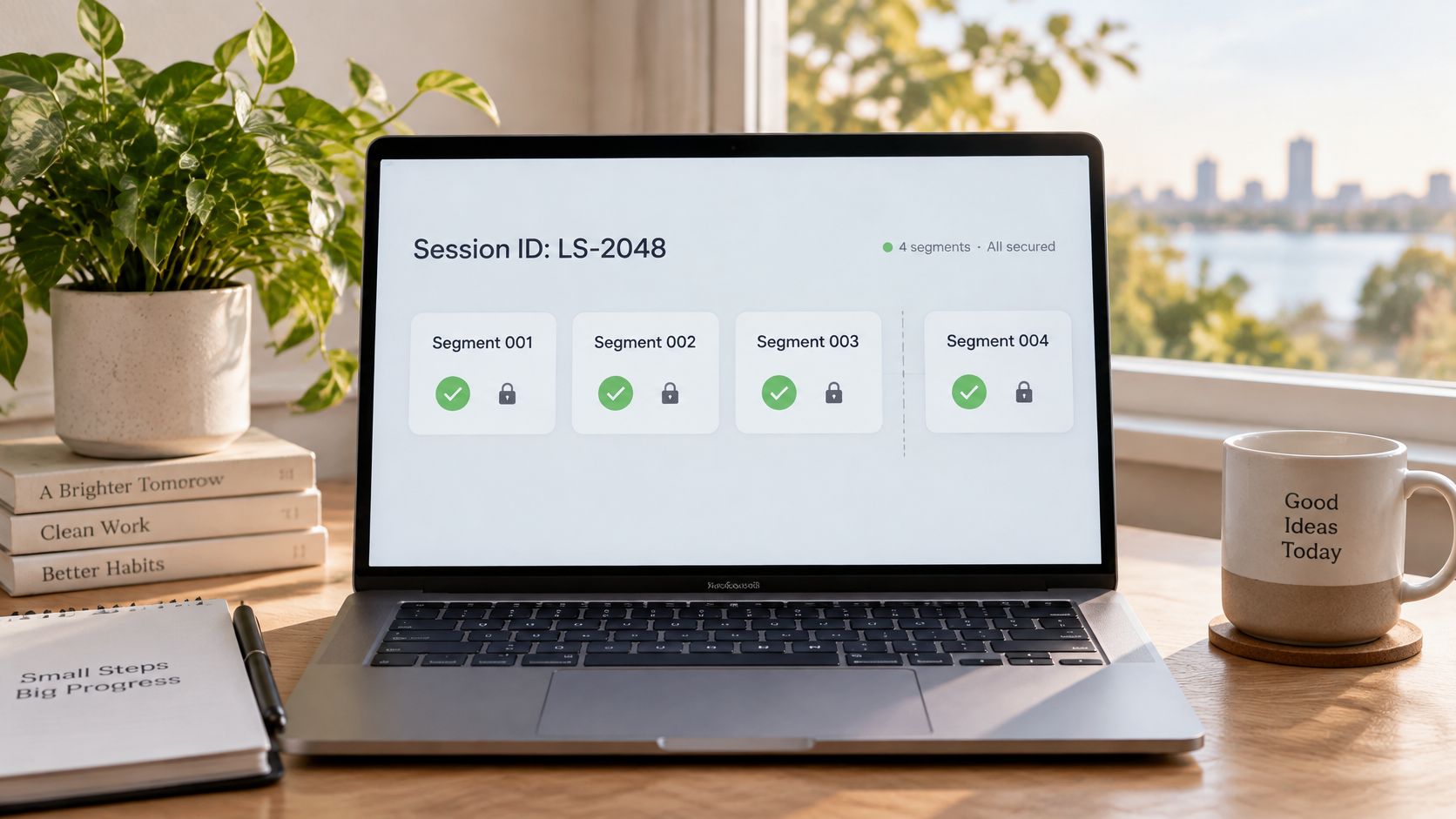 A laptop on a desk showing a security dashboard with four secured segments and session ID.