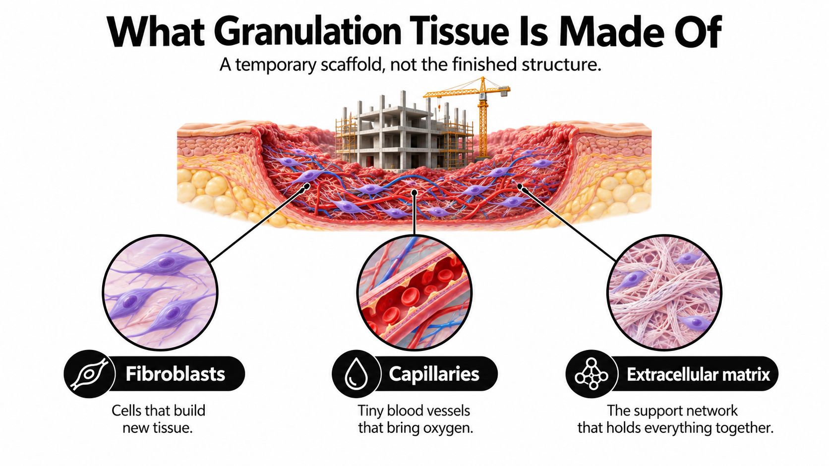 An educational diagram illustrating the components of granulation tissue including fibroblasts, capillaries, and the extracellular matrix.