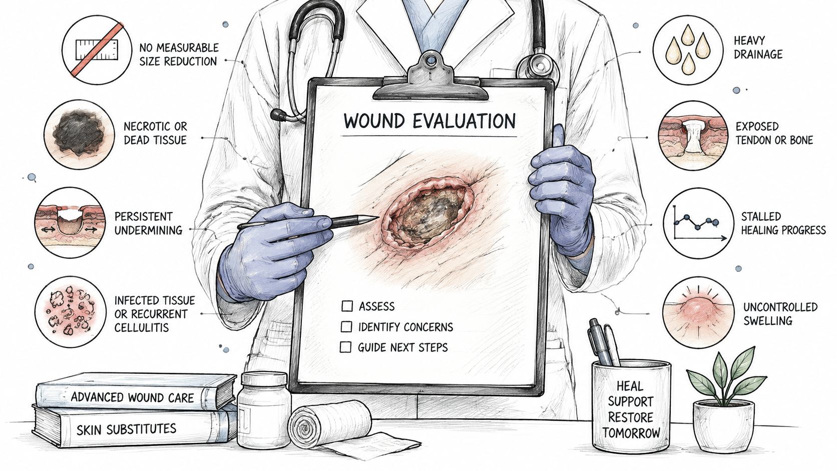 A medical professional holding a clipboard depicting a wound evaluation checklist with surrounding diagrams of common wound complications.