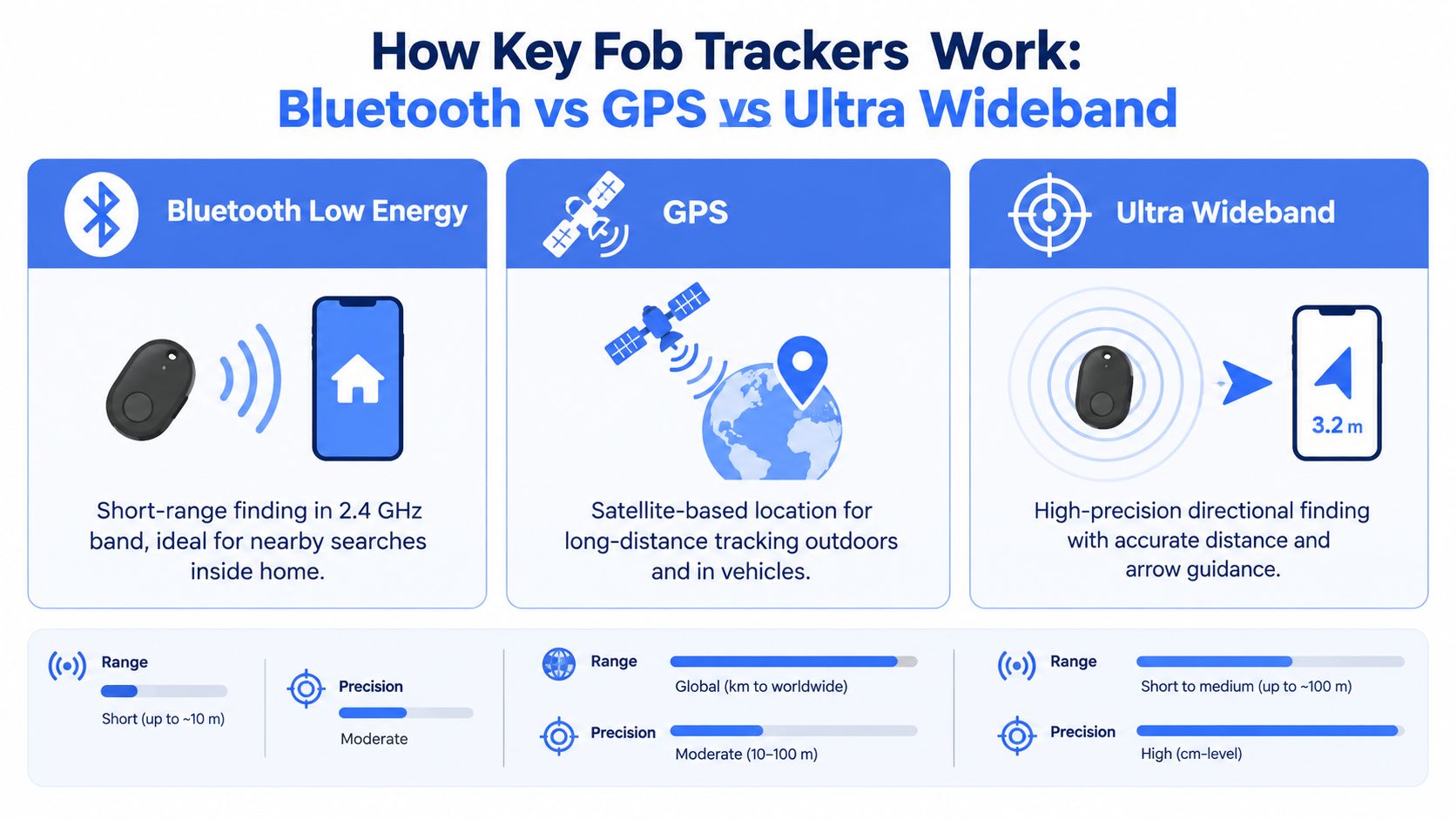 A comparison infographic explaining how key fob trackers work using Bluetooth, GPS, and Ultra Wideband technologies.