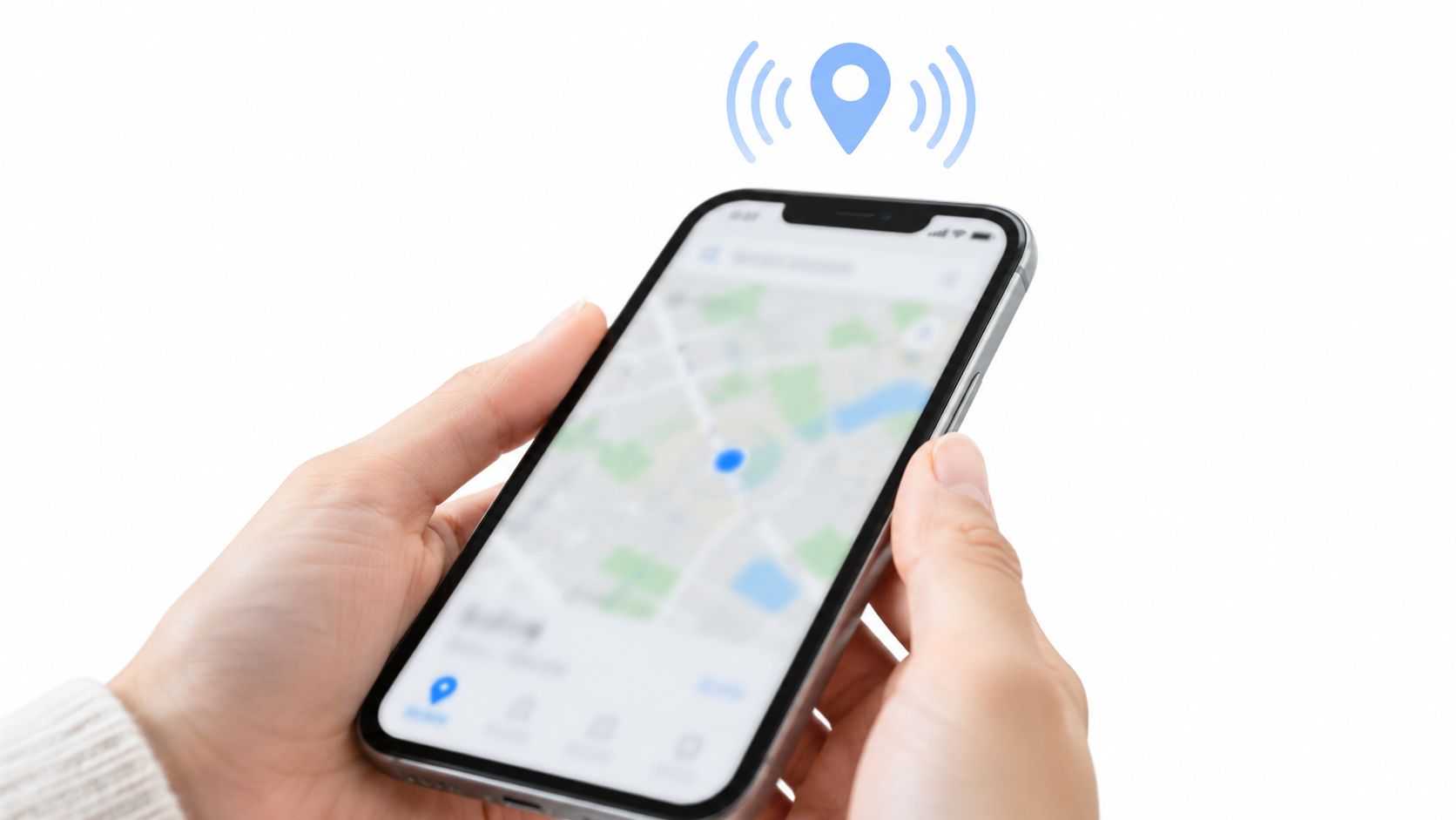 A pair of hands holding a smartphone displaying a map application with a location pin icon above.