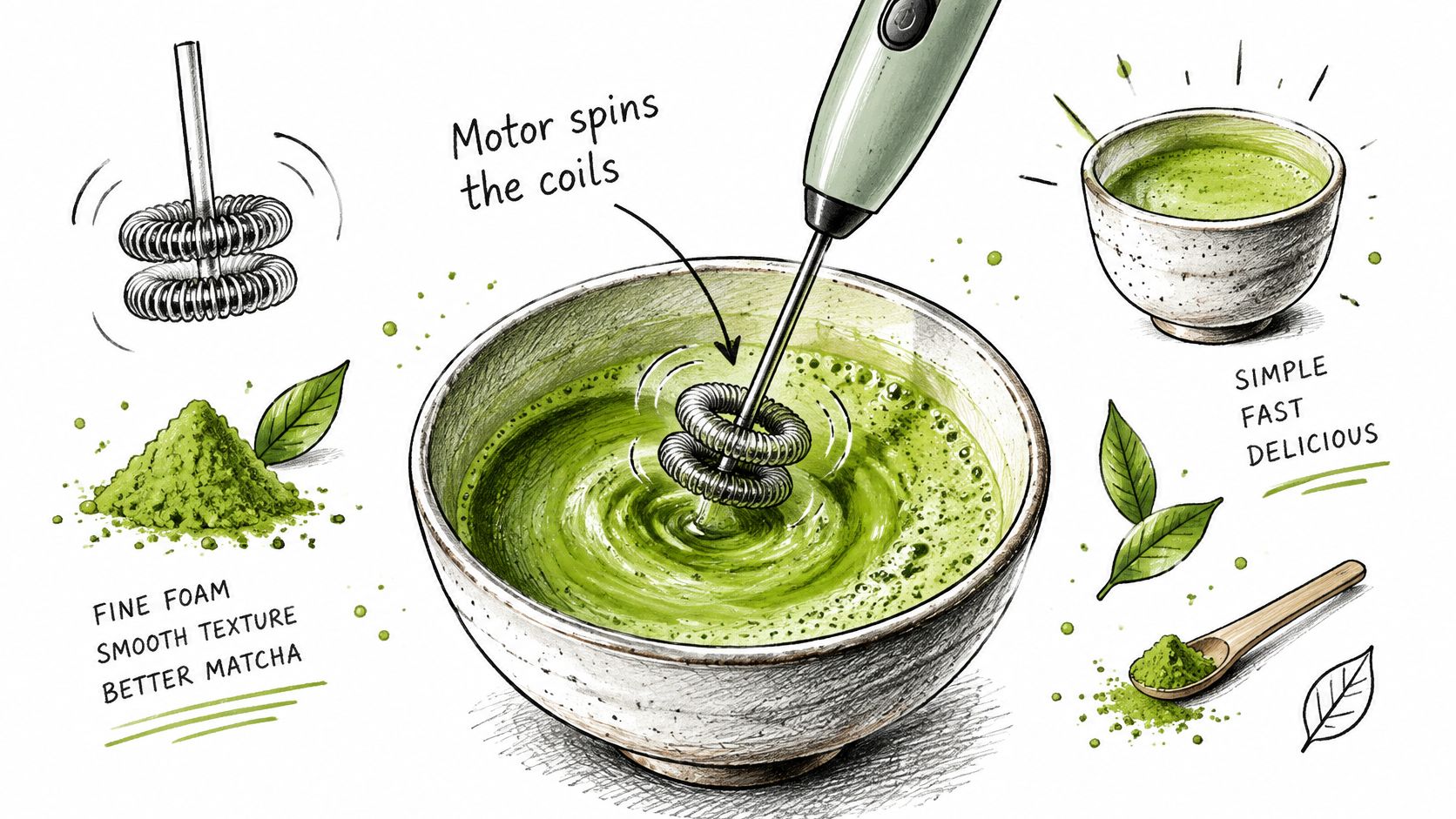 An illustration demonstrating how to use an electric handheld whisk to prepare a smooth matcha tea bowl.