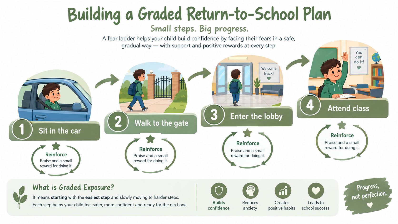 A four-step graphic illustrating a graded exposure plan to help children overcome anxiety and return to school.