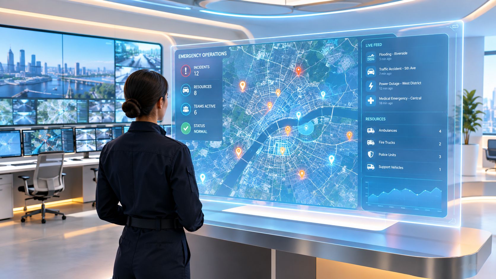 A professional operator in a modern command center monitors an interactive holographic city map showing emergency status updates.
