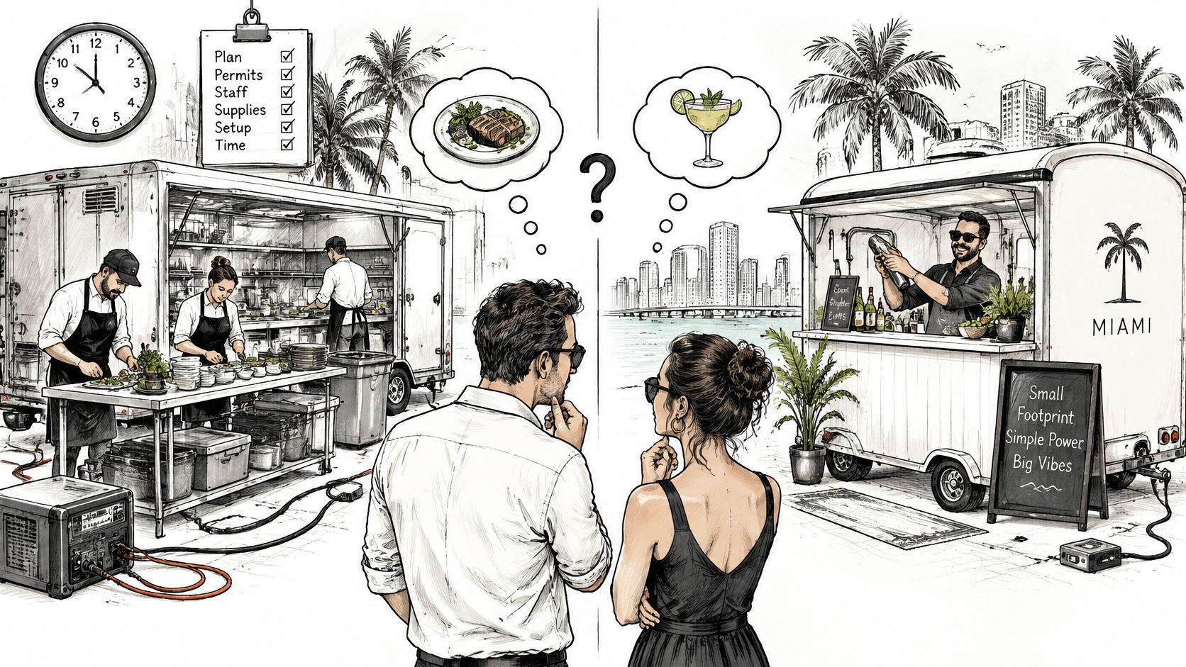 A couple weighs the choice between a full-scale food truck operation and a simple mobile bar in Miami.