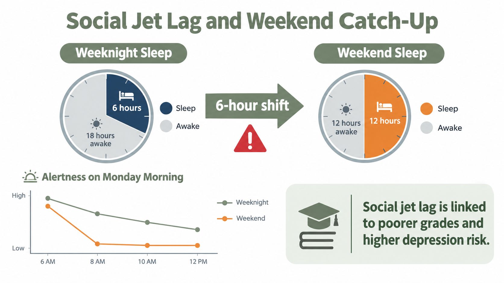 An infographic illustrating social jet lag with sleep schedules and its impact on Monday morning alertness.